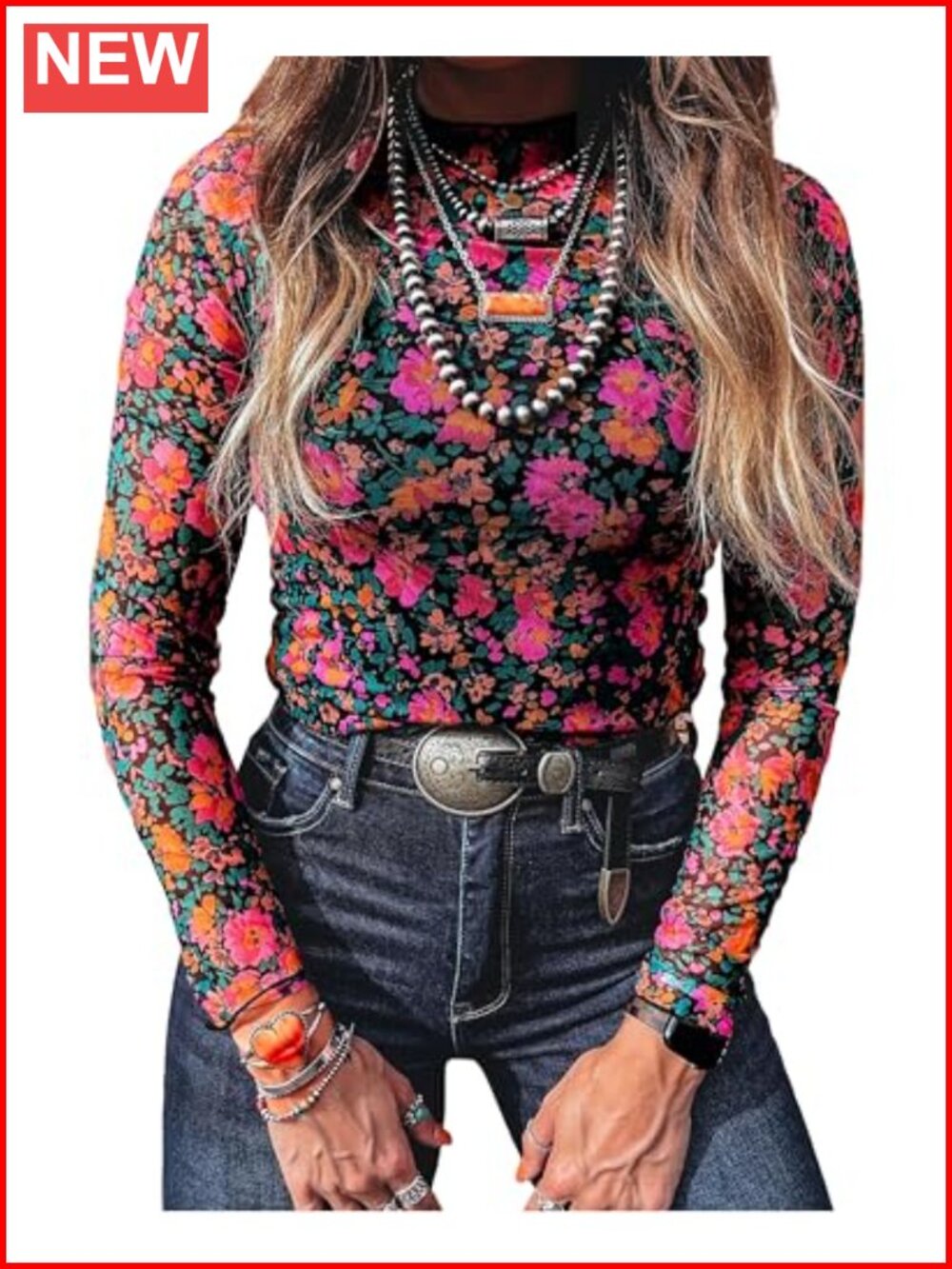 SELINK Women's Floral Mesh Long Sleeve Blouse Mock Neck Sheer Top